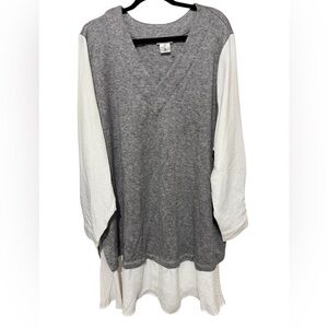 DKNY Layered V-Neck Tunic Top Grey & White Mixed Media Blouse Size 2X